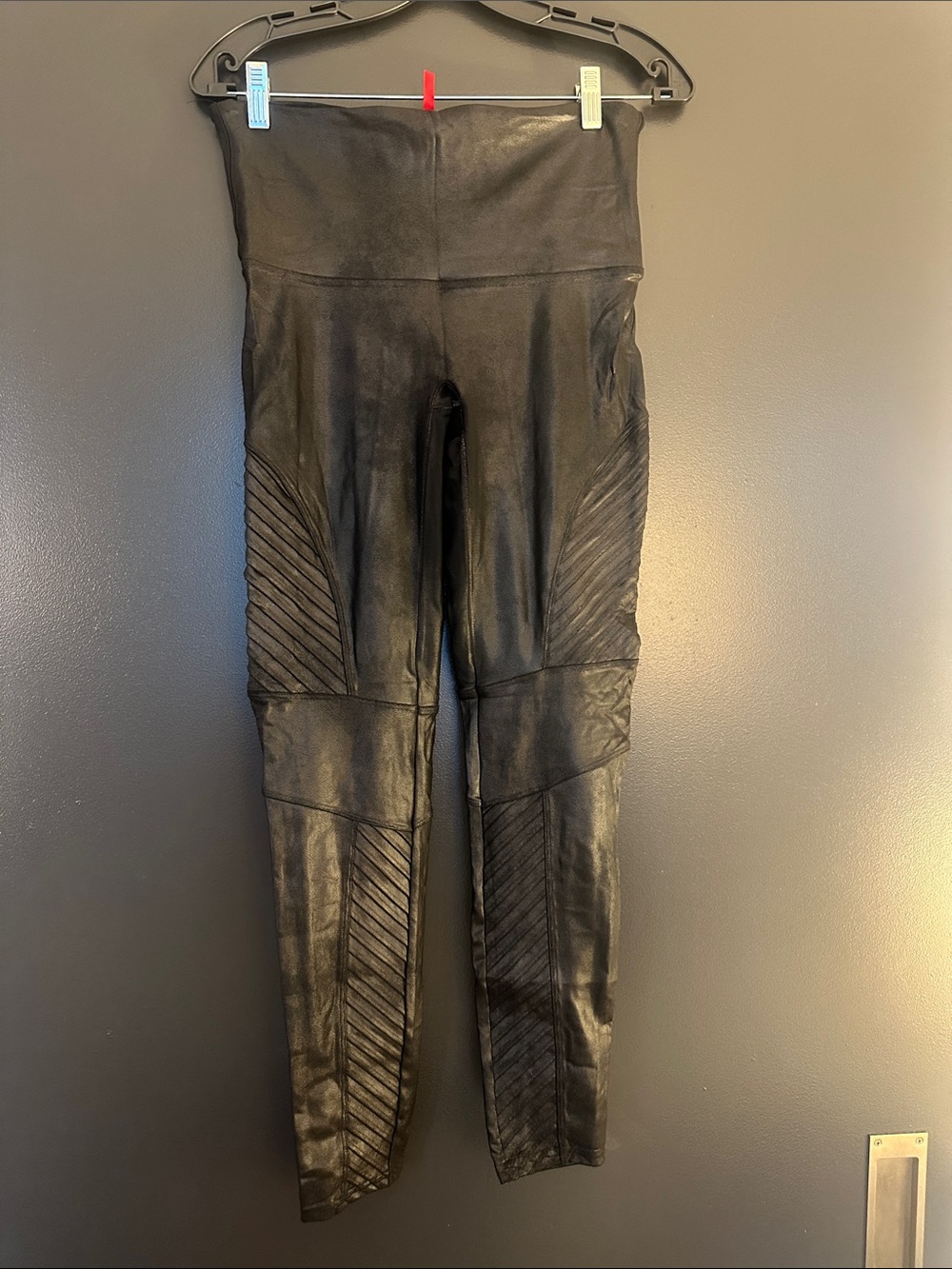 SPANX Black Faux Leather Moto Leggings with Ribbed Panels